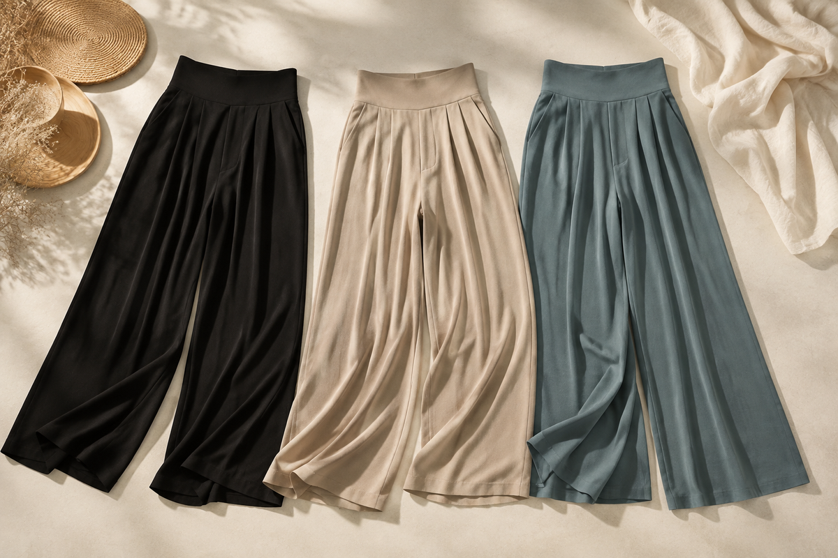 Palazzo pants in neutral colors showing wide-leg drape and waistband construction