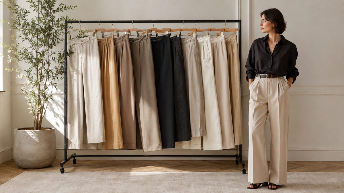 Coordinated selection of straight wide-leg tailored and relaxed pants