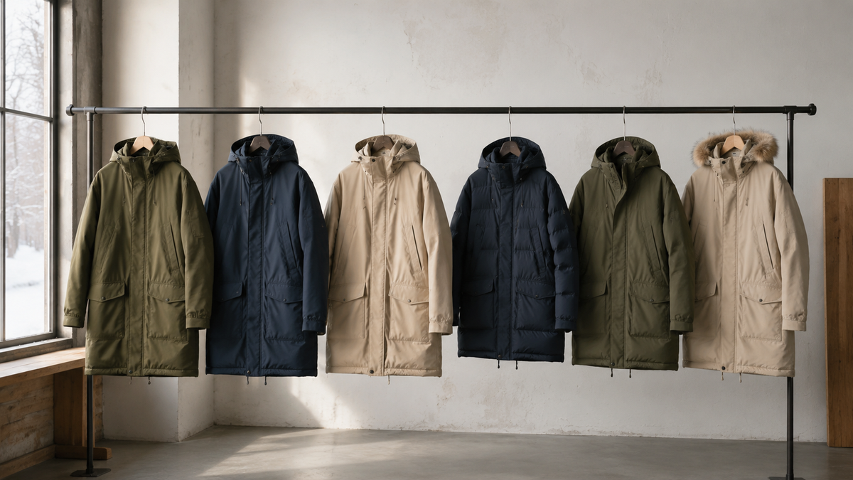 Unbranded parka jackets showing different hoods, lengths, and insulation