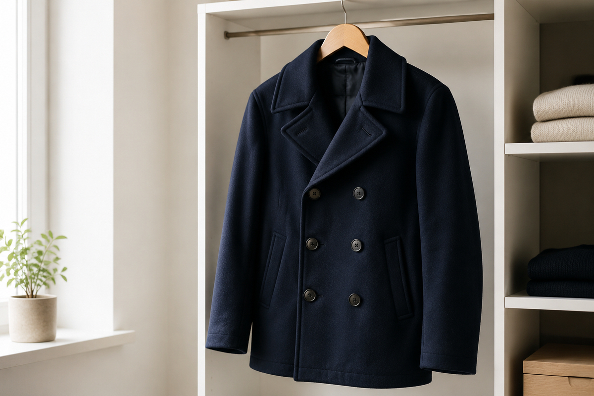 Classic navy double-breasted pea coat displayed in a bright minimal wardrobe