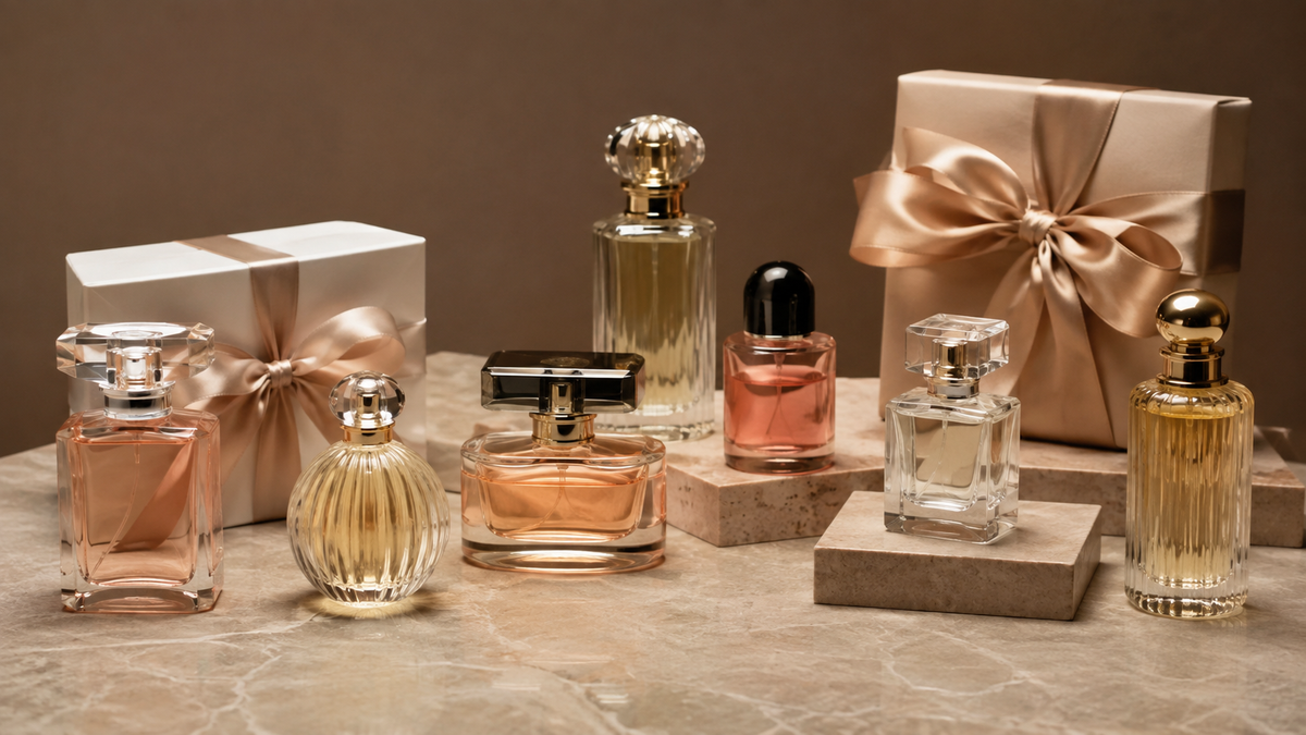 Unbranded perfume bottles and gift boxes arranged on a stone surface