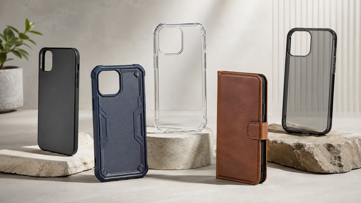 Selection of slim rugged clear and wallet-style phone cases in a studio