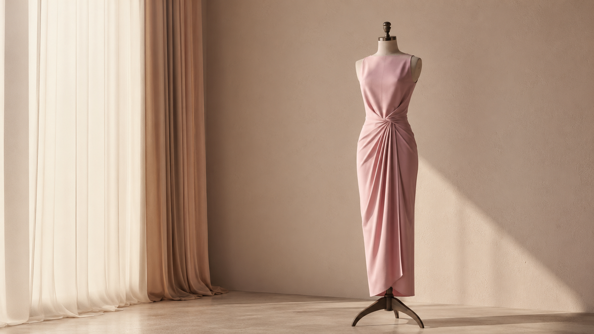 Elegant pink dress displayed on a garment form in a softly lit studio