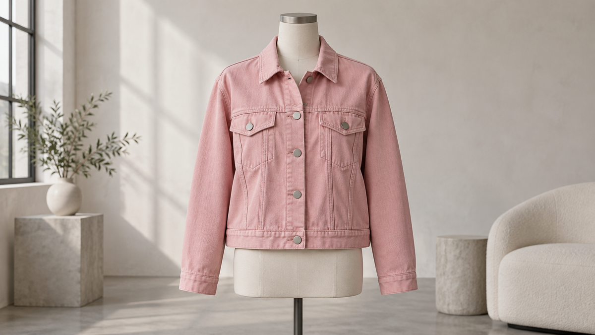 Pink denim jacket showing seams pockets and hardware