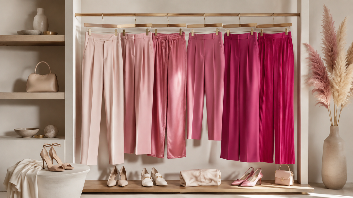 Pink pants in blush, rose, and magenta shades with varied silhouettes