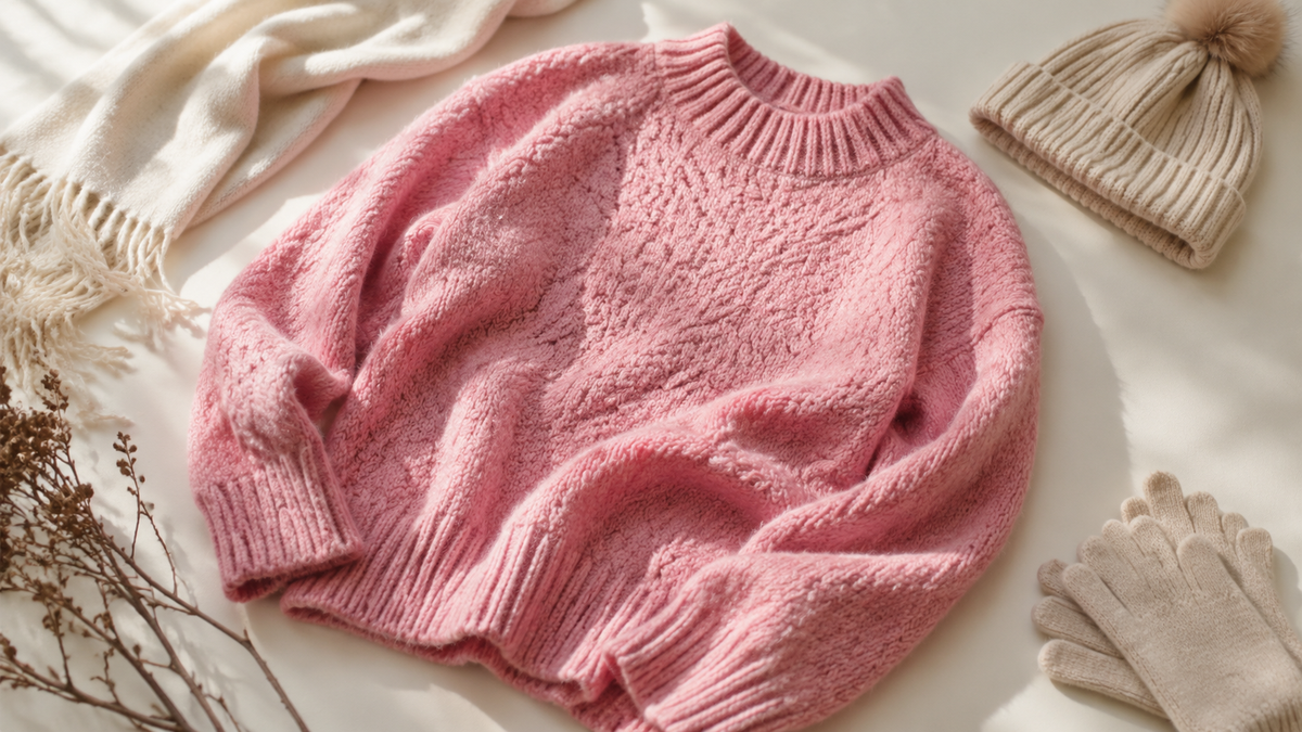 Pink knit sweater arranged with neutral cold-weather layers