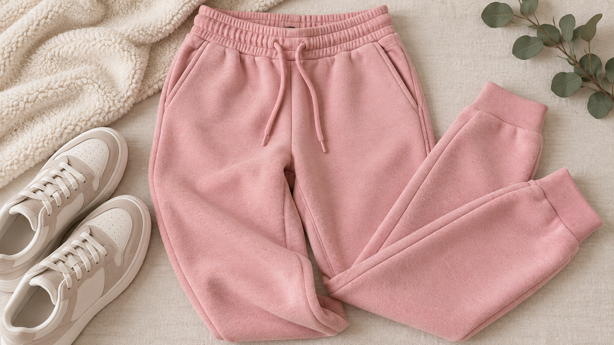 Pink sweatpants showing waistband fleece texture and cuffs