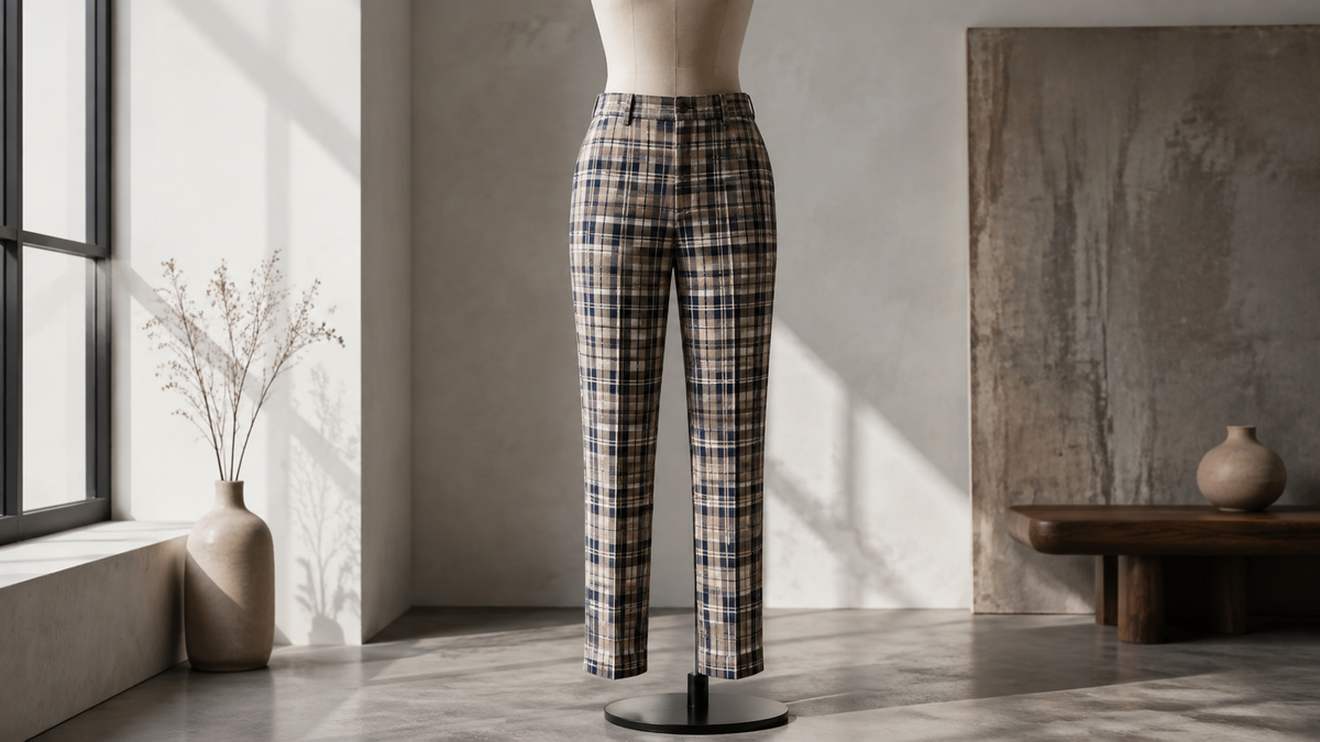Plaid pants showing check alignment and tailored silhouette