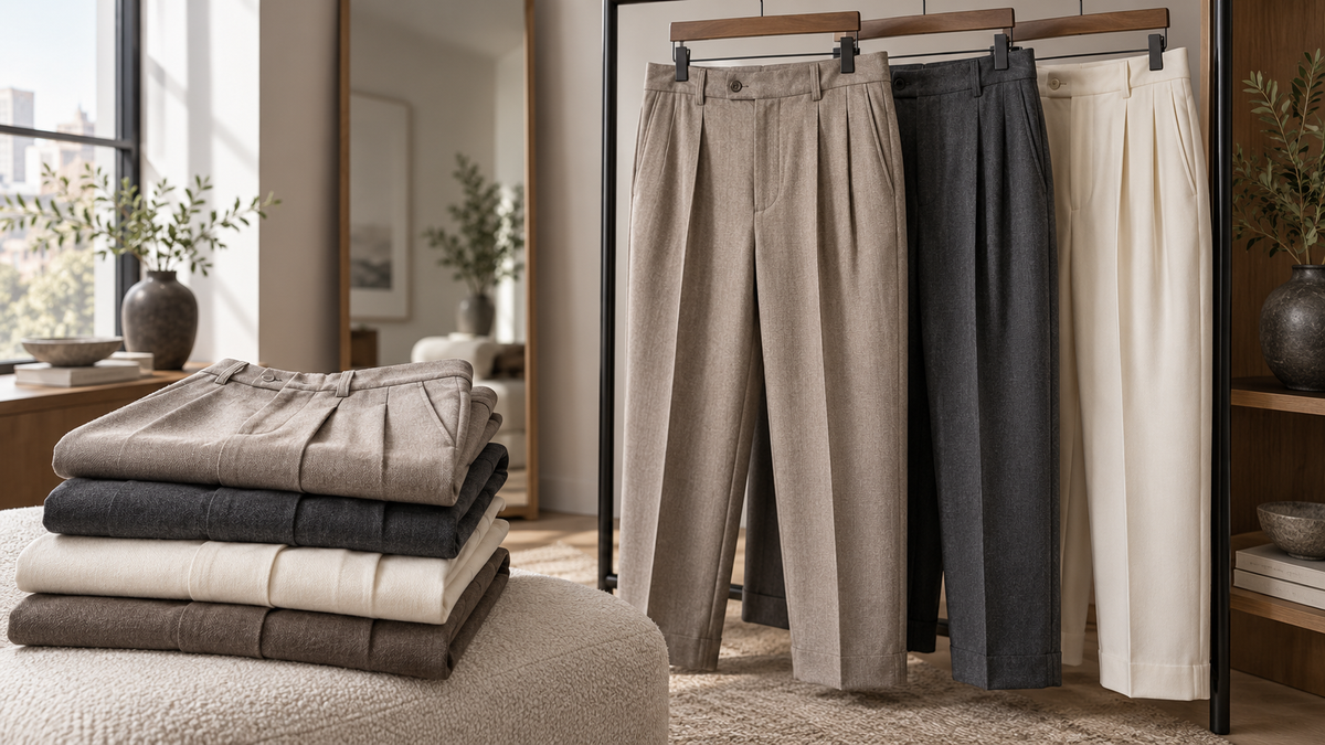 Tailored pleated pants in neutral colors displayed in a bright wardrobe