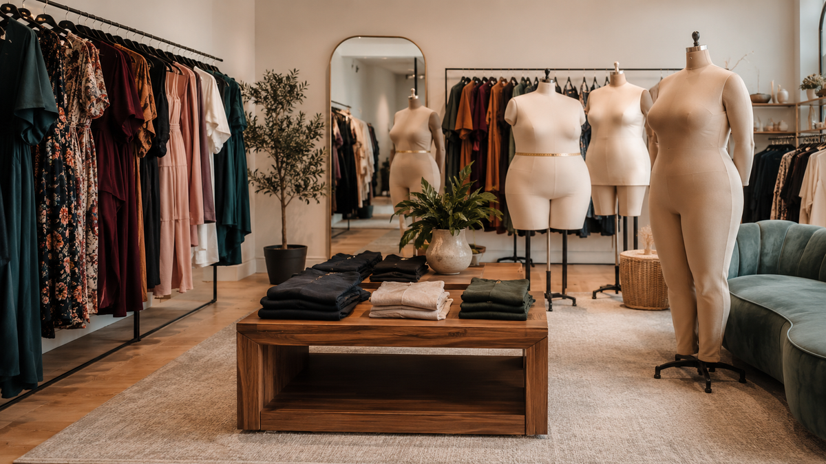 Inclusive fashion boutique with varied garments and dress forms in a warm modern interior