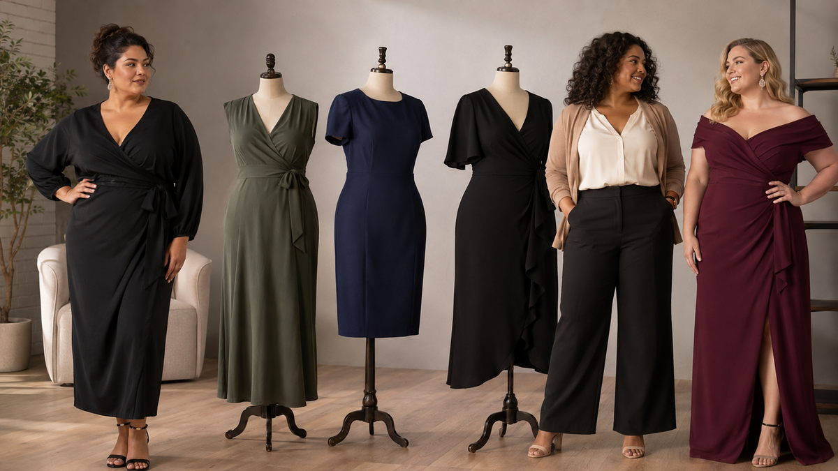 Inclusive plus-size casual work wrap and formal dresses in a refined studio