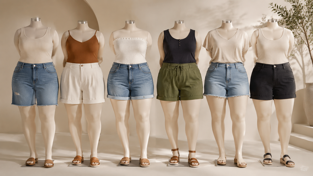 Plus-size shorts displayed in varied practical silhouettes