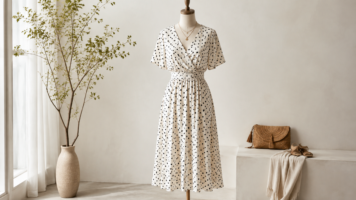 Polka dot midi dress displayed in a bright neutral studio