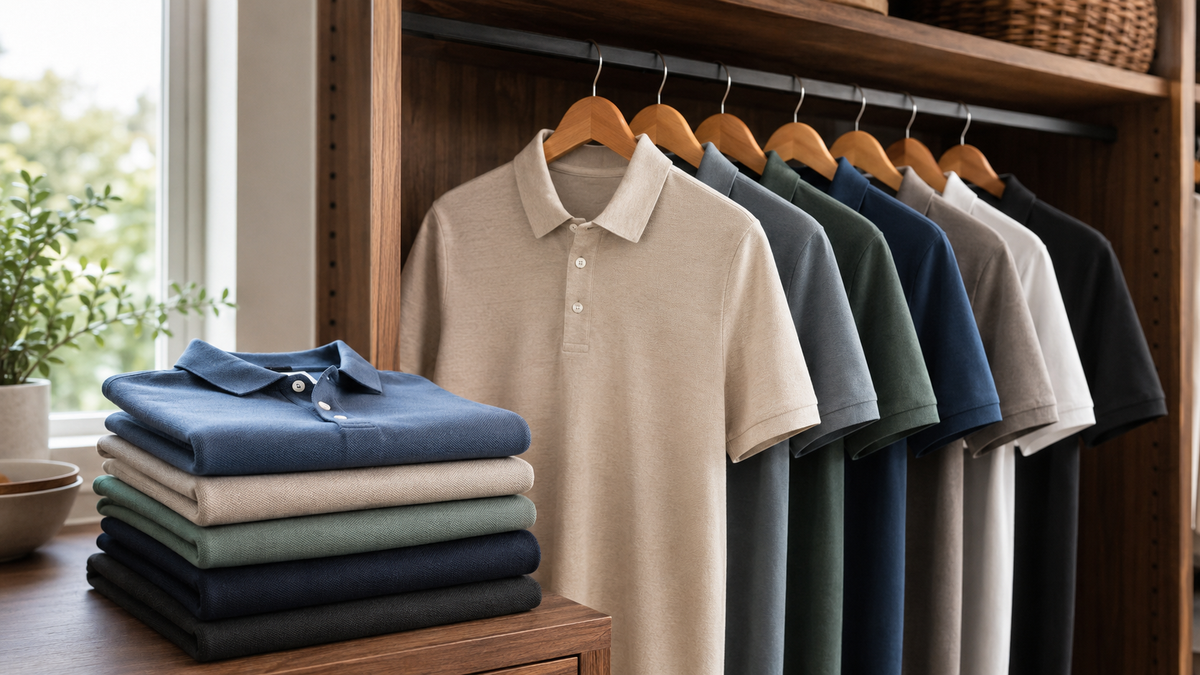 Polo shirts showing structured collars and knit textures in a casual wardrobe