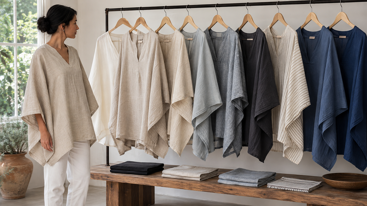 Adult poncho shirts in lightweight woven fabrics displayed in a natural-light studio