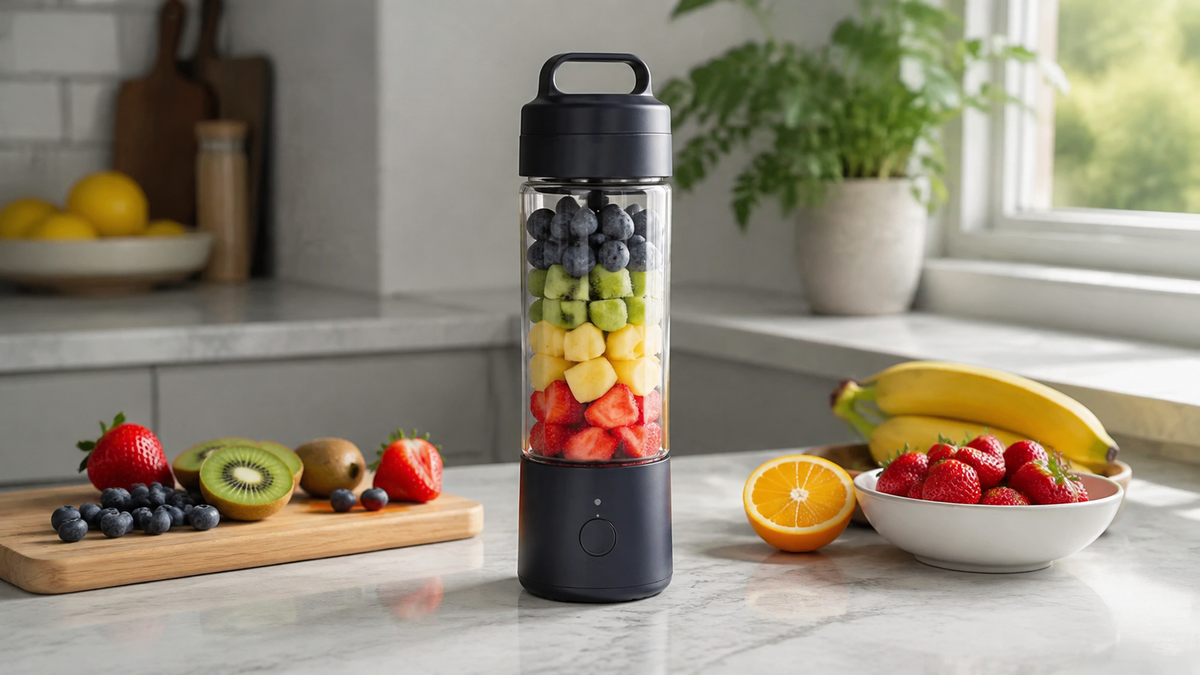Unbranded portable blender with fresh fruit on a kitchen counter