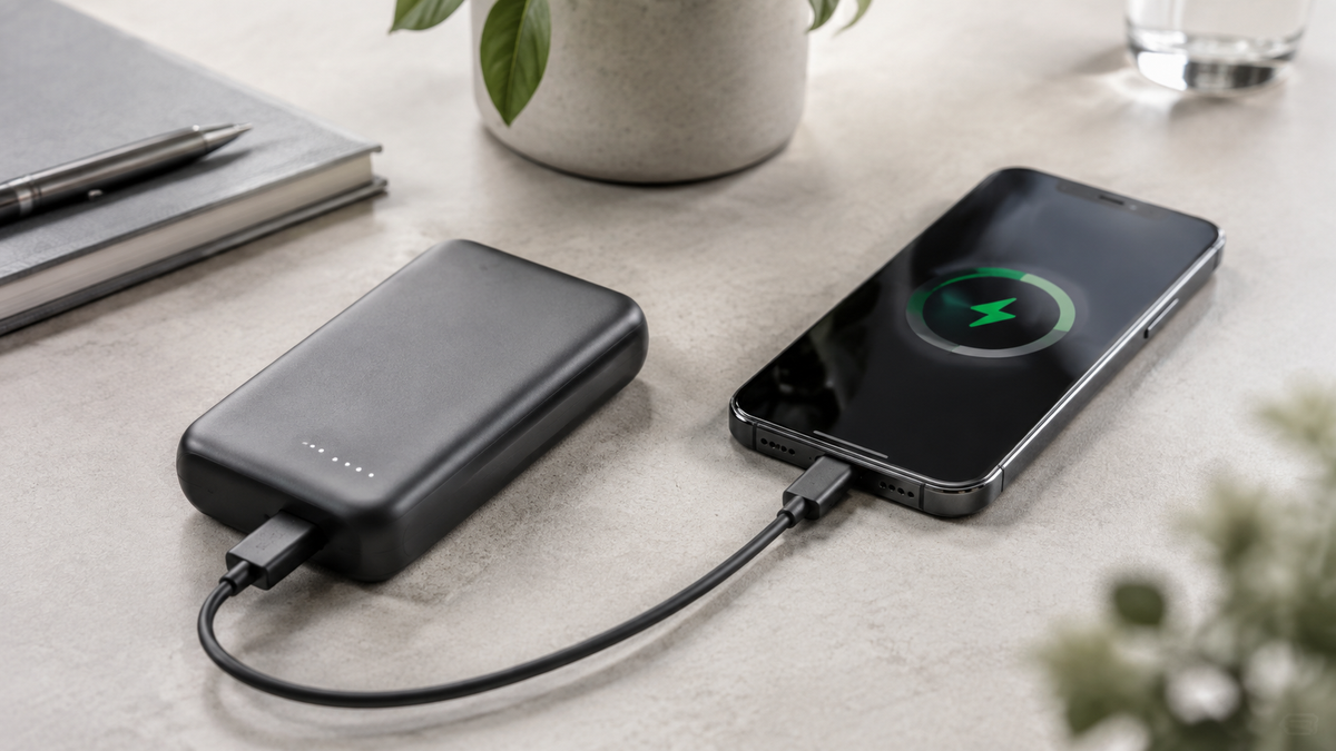 Compact portable phone charger connected to a modern smartphone