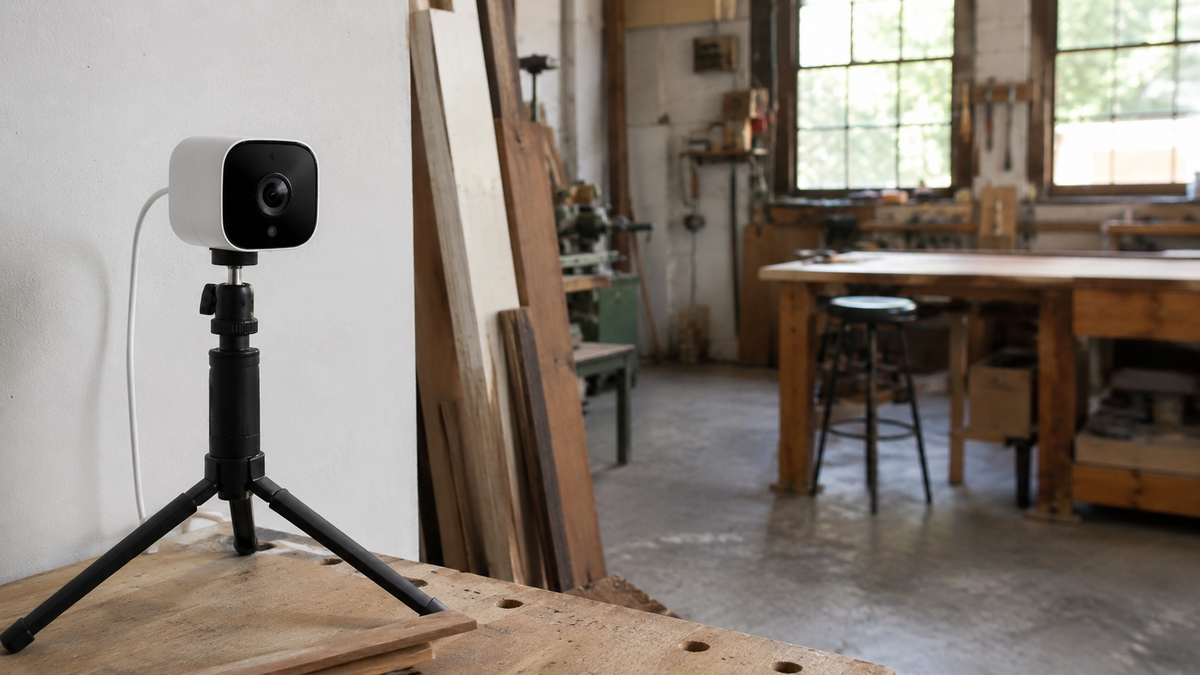 Unbranded portable security camera on a stable temporary workshop stand