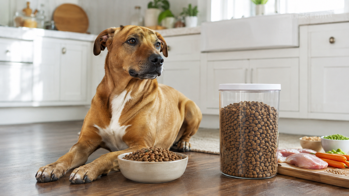 Healthy adult dog beside a bowl and unbranded container of dry dog food