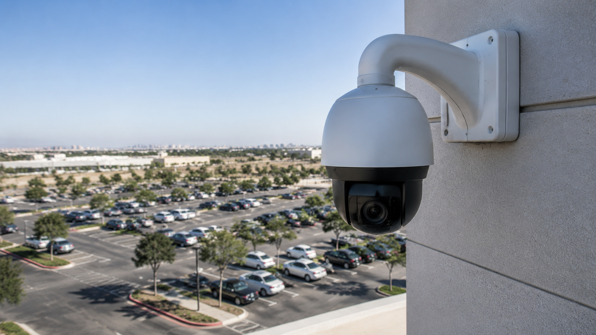 Unbranded PTZ security camera overlooking a commercial parking area
