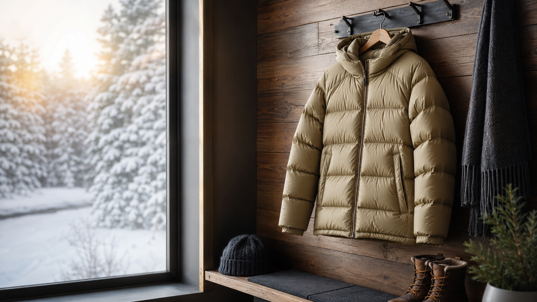 Quilted puffer jacket hanging in a warm modern winter entryway