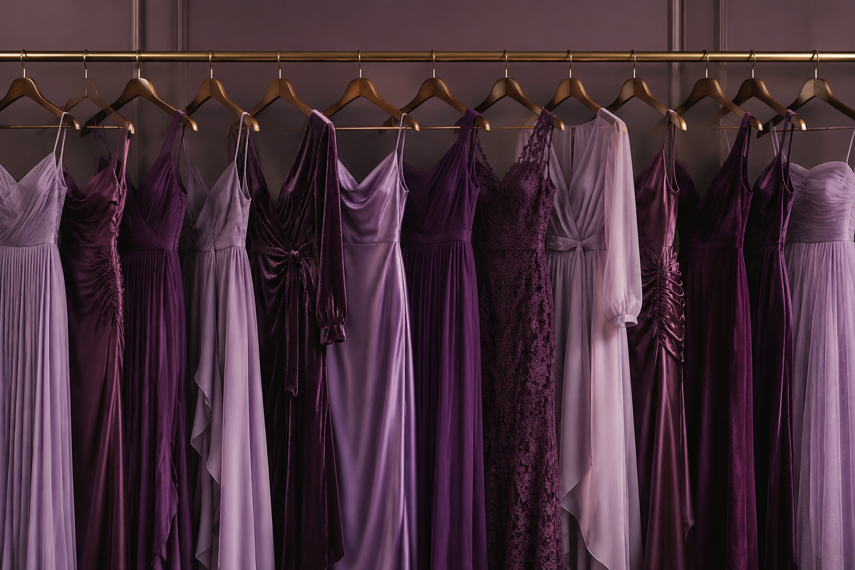 Purple dresses in lavender plum and aubergine with varied silhouettes