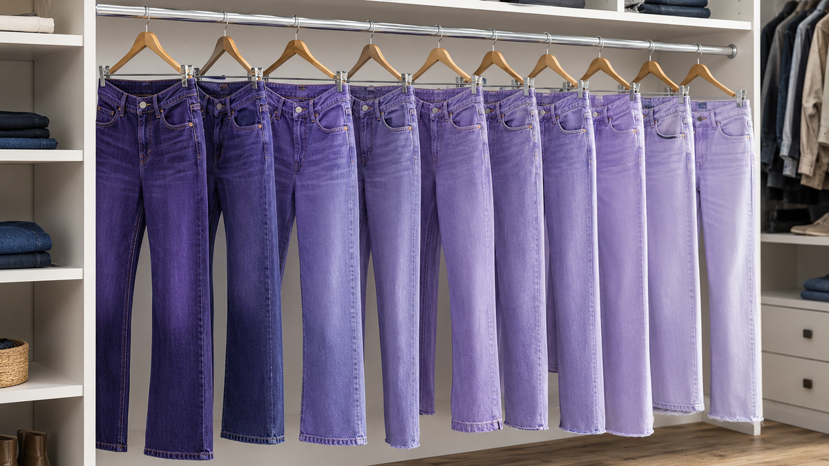 Purple jeans in several washes and leg shapes in a denim wardrobe