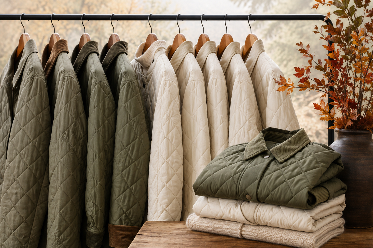 Olive and cream quilted jackets showing stitching and light insulation