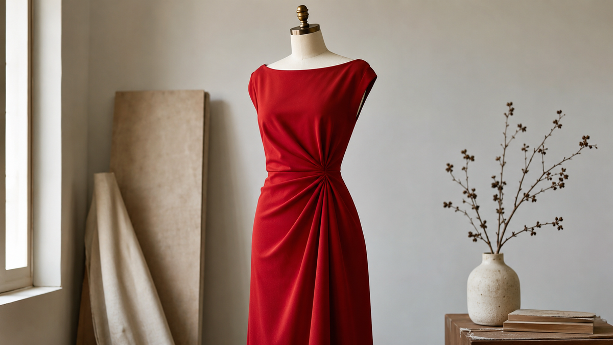 Elegant red dress displayed on a garment form in a softly lit studio