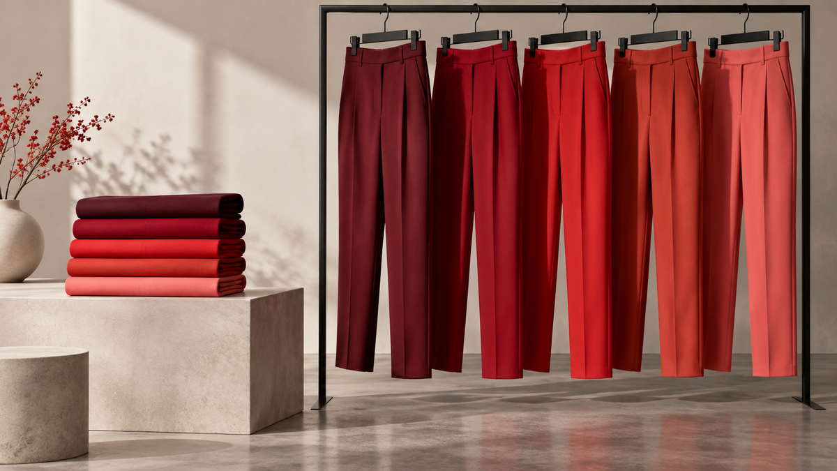 Red trousers in several shades on a minimalist rack