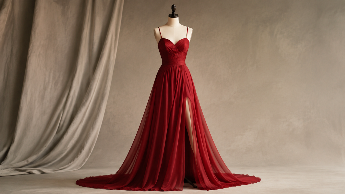 Elegant red prom dress displayed on a mannequin
