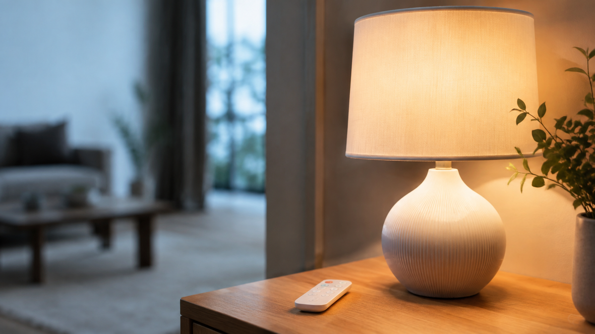 Unbranded remote control light bulb in a modern table lamp