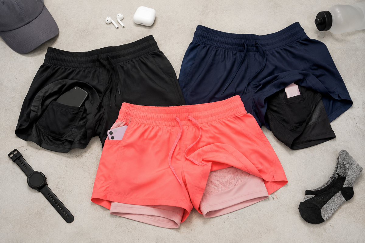 Running shorts with liners waistbands and pockets arranged with running accessories