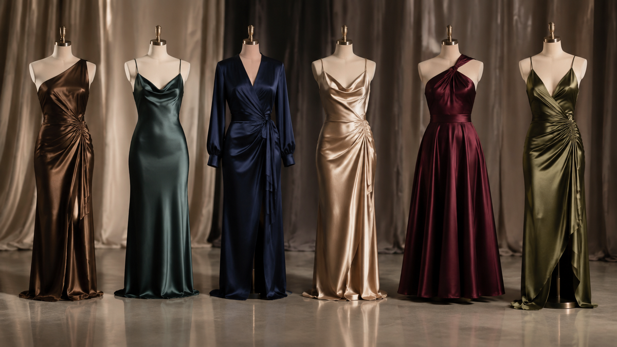Satin dresses in varied silhouettes and rich neutral jewel tones