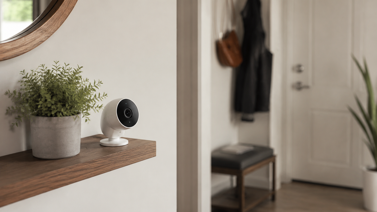 Unbranded renter-friendly security camera in an apartment entryway