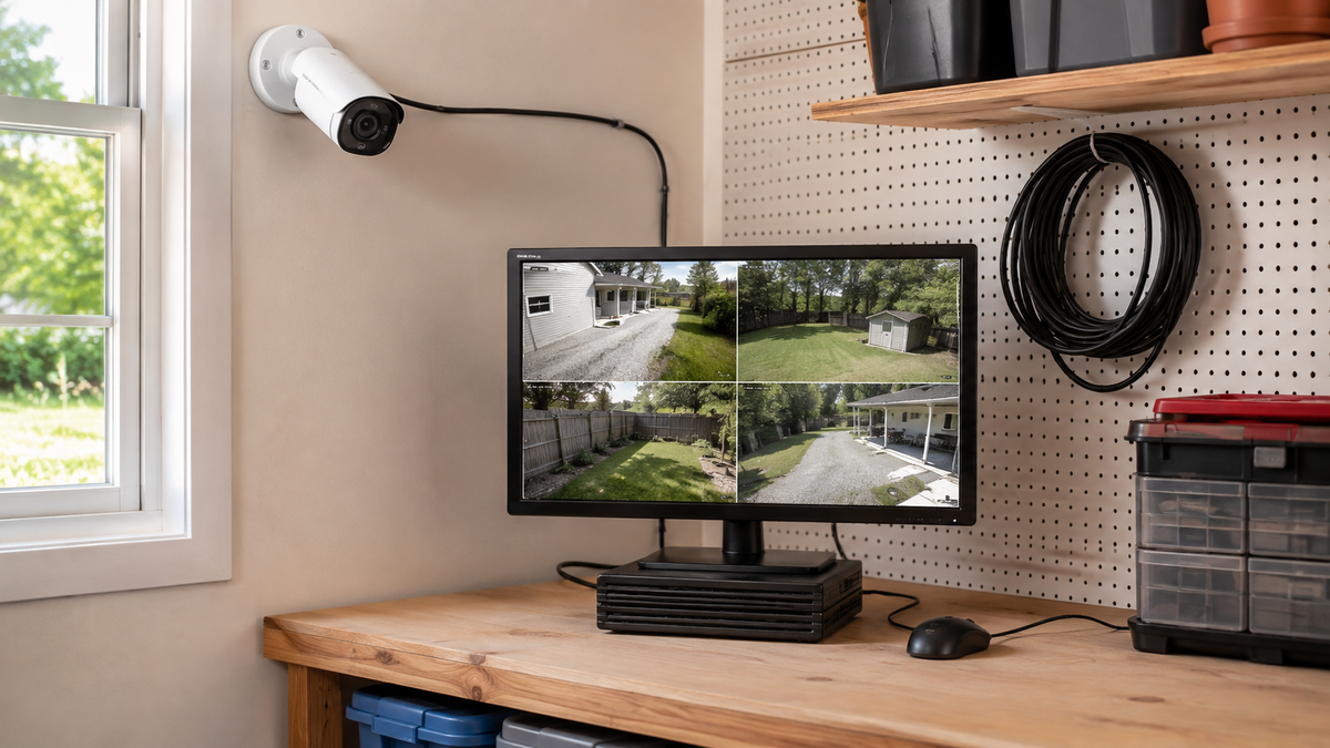 Unbranded local-recording security camera system with recorder and monitor