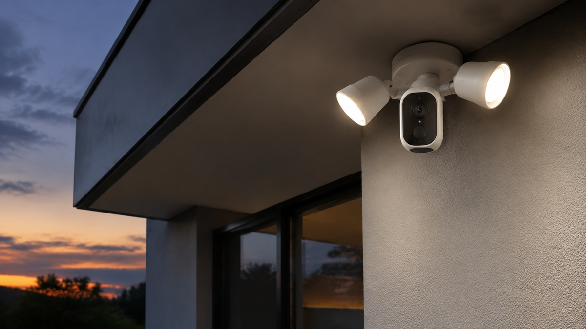 Unbranded outdoor security light with camera mounted beneath a home eave