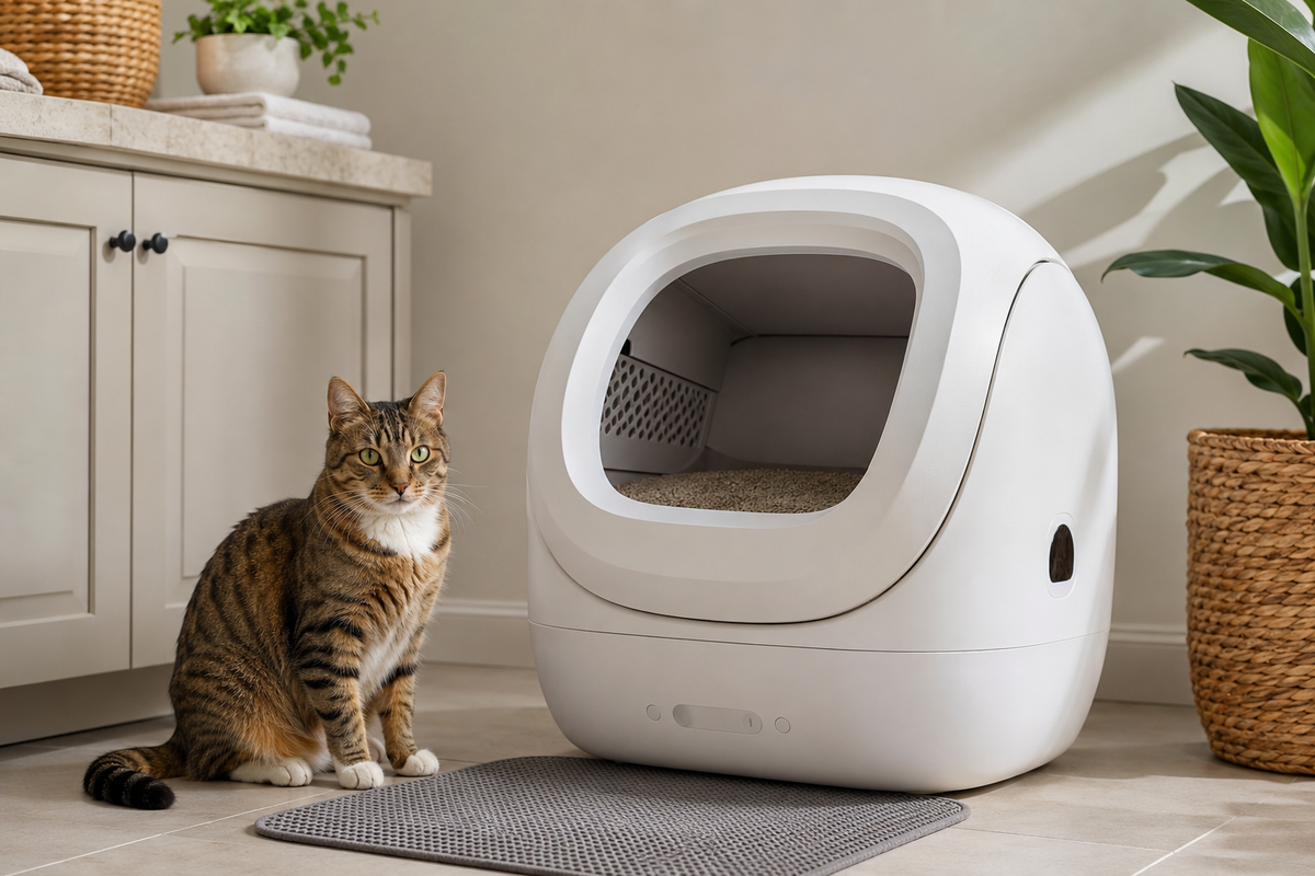 Adult cat beside a generic self-cleaning litter box in a bright tidy home