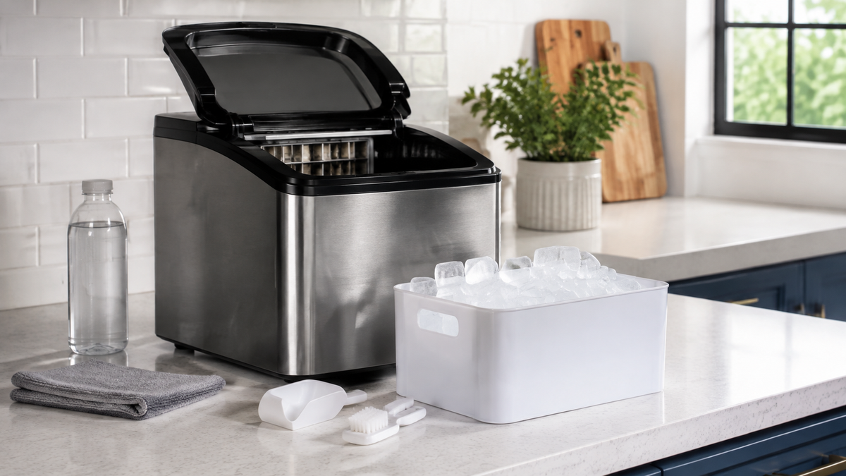 Unbranded self-cleaning countertop ice maker with removable bin
