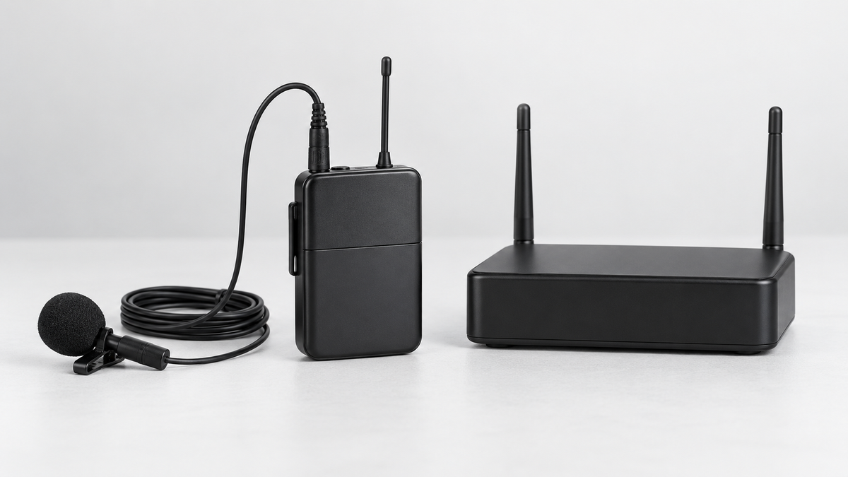 Unbranded body-worn wireless microphone kit with lavalier transmitter and receiver on a studio surface