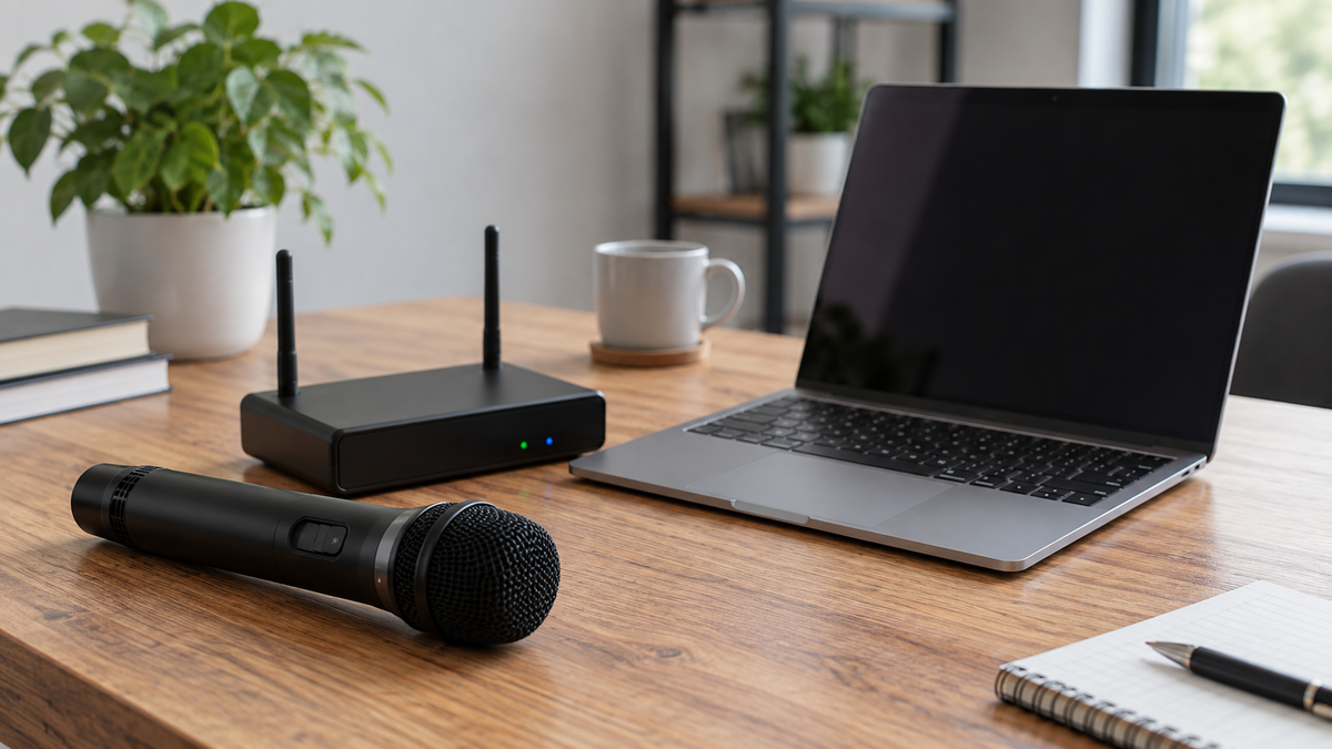 Unbranded wireless microphone and receiver arranged beside a generic laptop