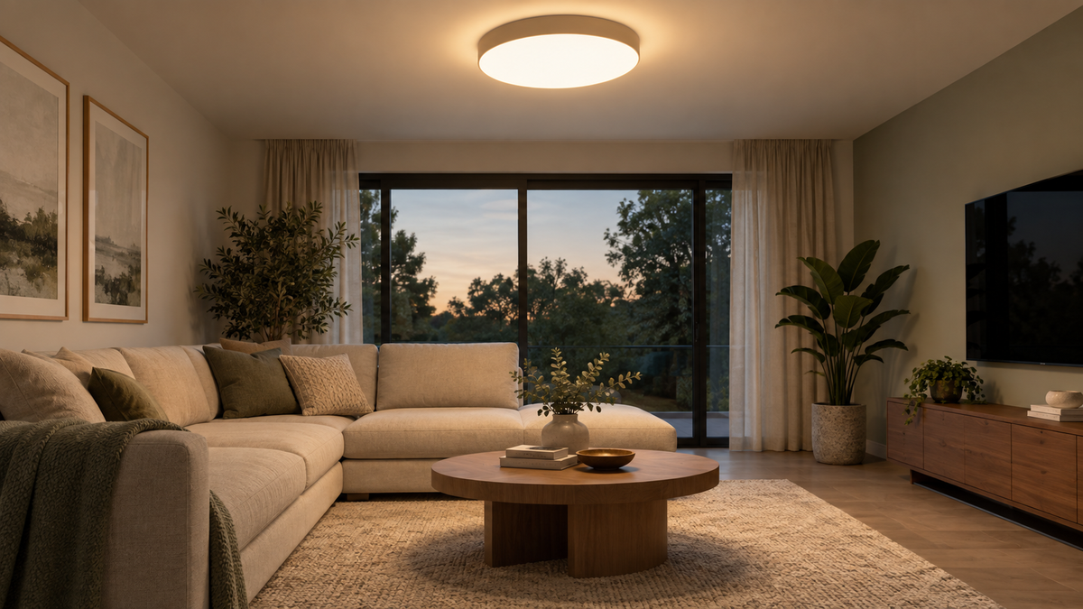 Unbranded modern smart ceiling lamp illuminating a neutral living room without visible branding