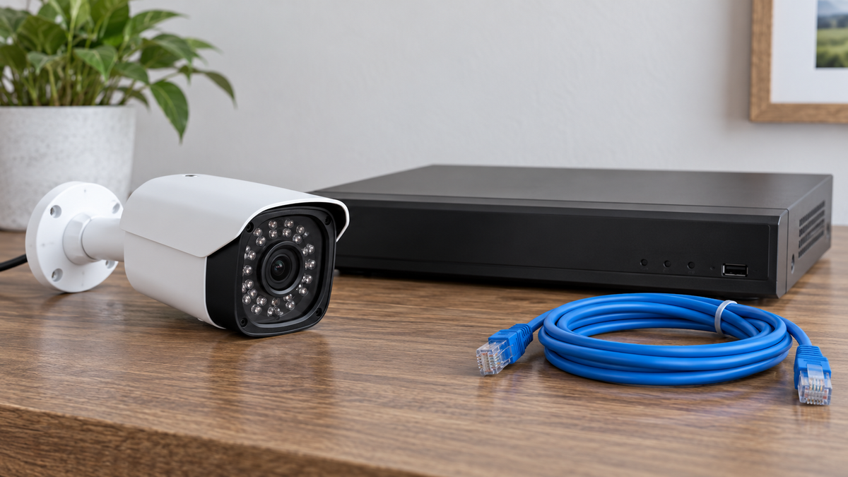 Unbranded ONVIF security camera connected to a generic network recorder in a visible lawful setup