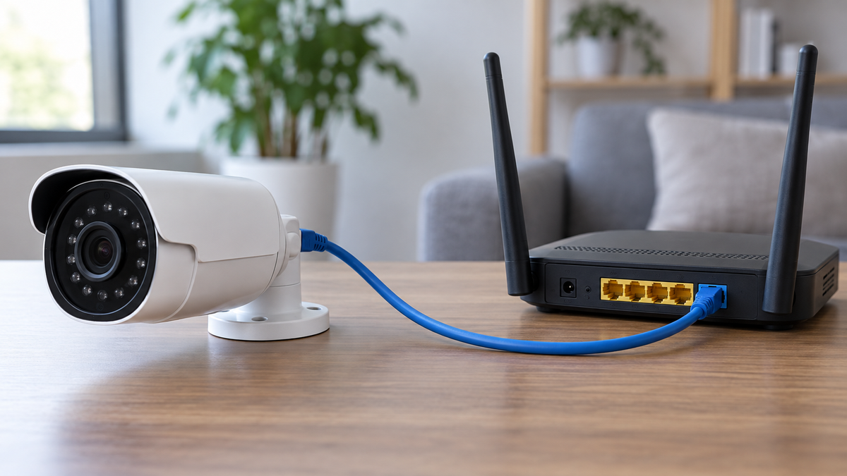 Unbranded security camera with Ethernet cable and a nearby generic WiFi router illustrating connection options