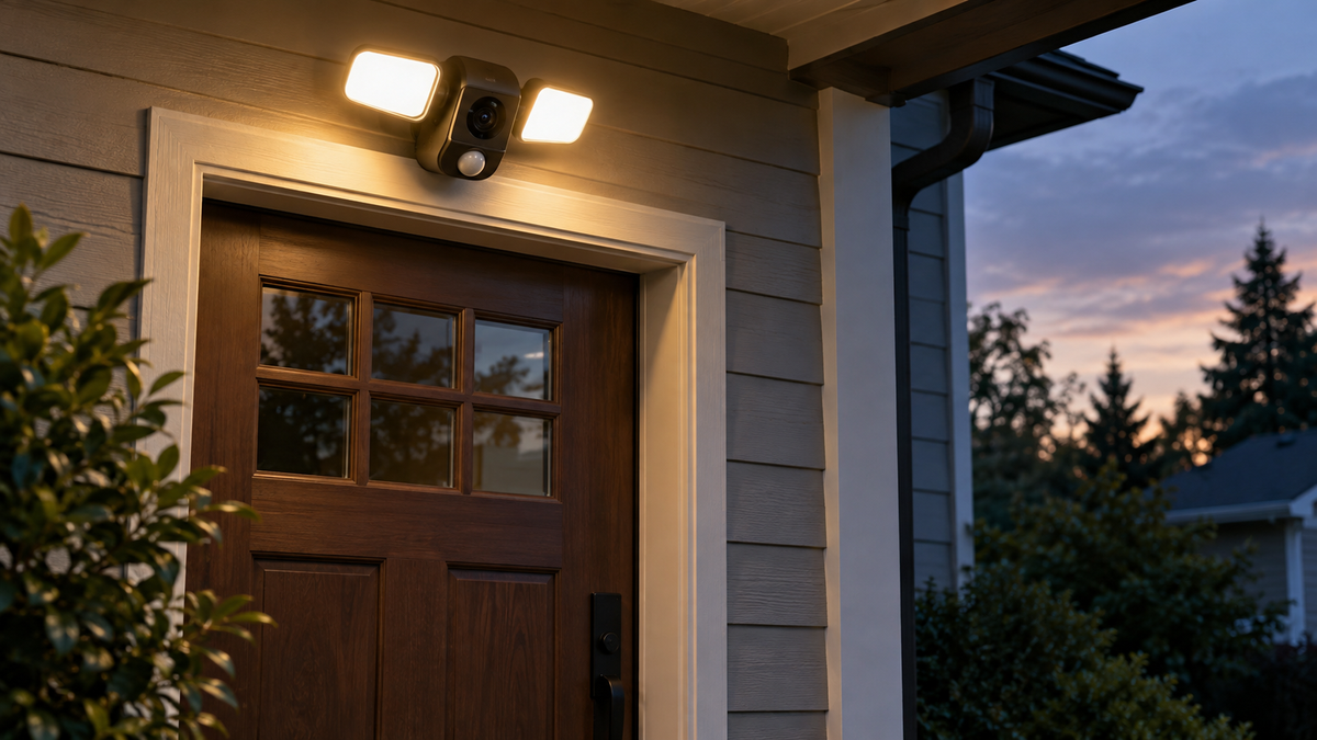 Unbranded wireless motion sensor light with camera mounted visibly above a private doorway