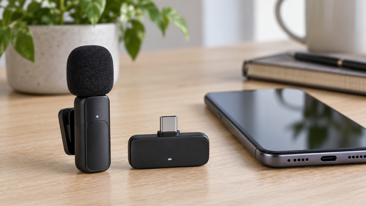 Unbranded USB-C wireless microphone kit with compact receiver beside a generic mobile device