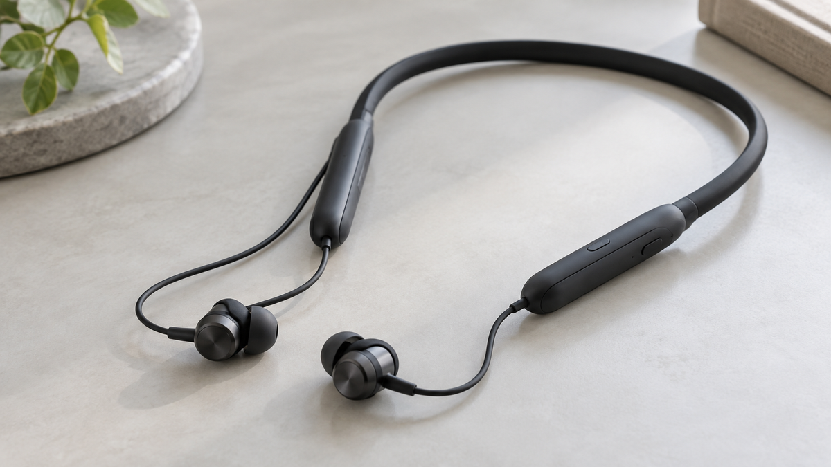 Unbranded neckband wireless earphones arranged on a clean neutral surface