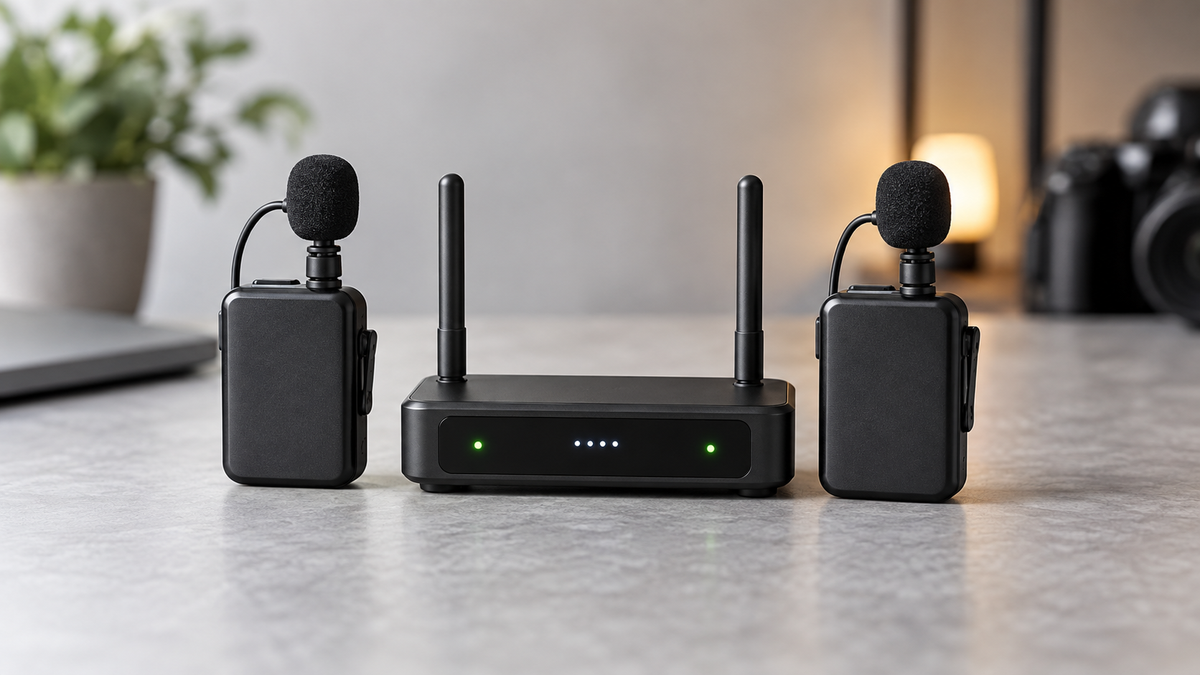 Unbranded miniature wireless microphone transmitters and receiver on a clean studio surface