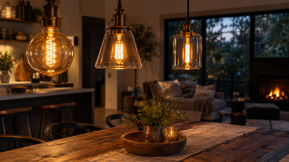 Unbranded vintage-style smart bulbs glowing warmly in simple decorative fixtures