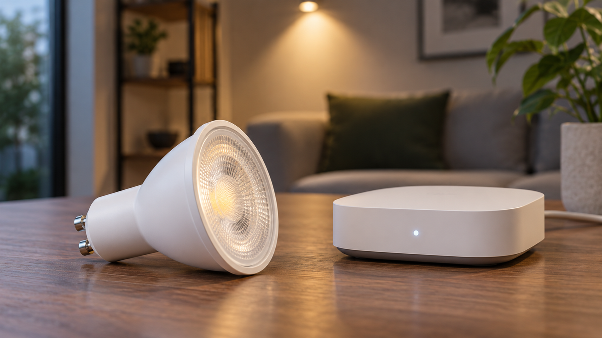 Unbranded GU10 smart spotlight beside a generic Zigbee hub in a modern interior